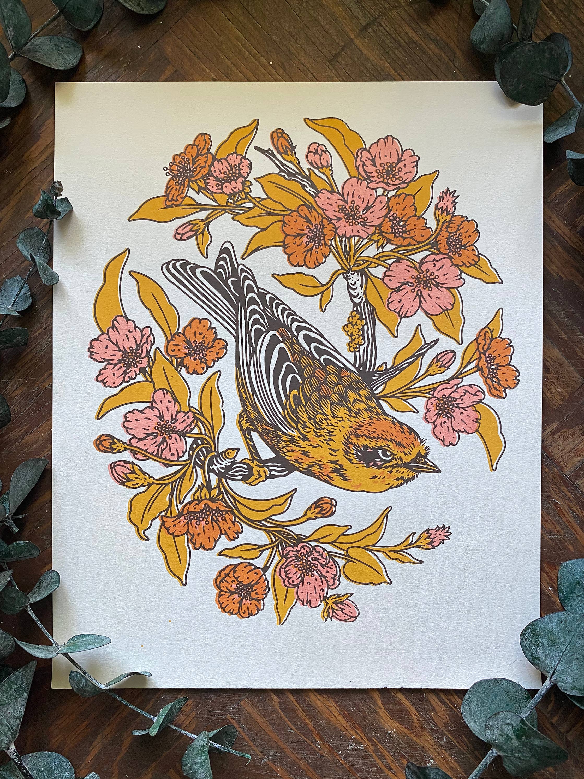 Palm Warbler + Plum Blossom 8x10" Giclee Print